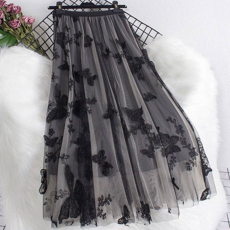 Solid Color Embroidered Mesh A-Line Skirt: BLACK-GRAY / One_size