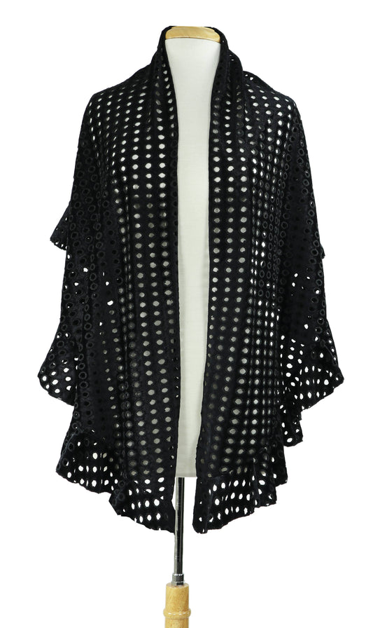 MEGAN Ruffled Long & Wide Velvet Eyelet Shawl Black - Elana Kattan
