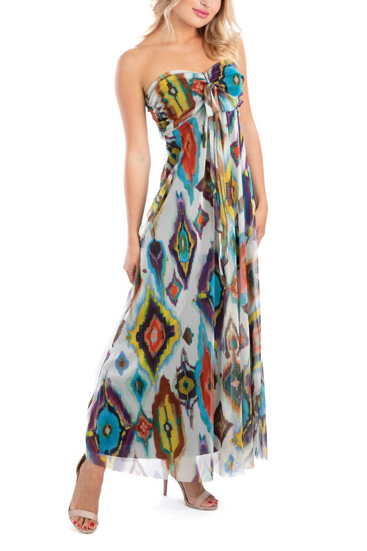 AZTEC Long Strapless Flared Empire Mesh Print Dress - Elana Kattan