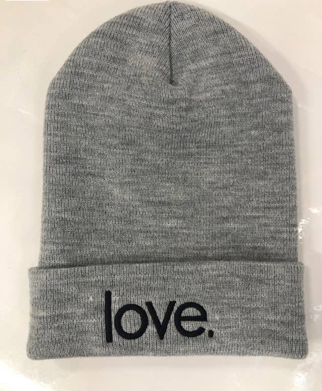 Love. Embroidered Cuffed Knit Beanie (Grey)