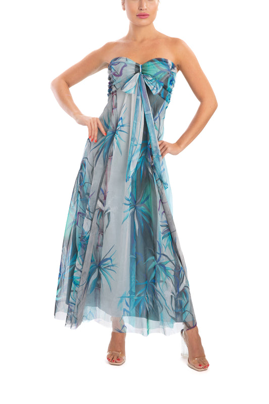 BAMBUSA Long Strapless Flared Empire Mesh Print Dress - Elana Kattan