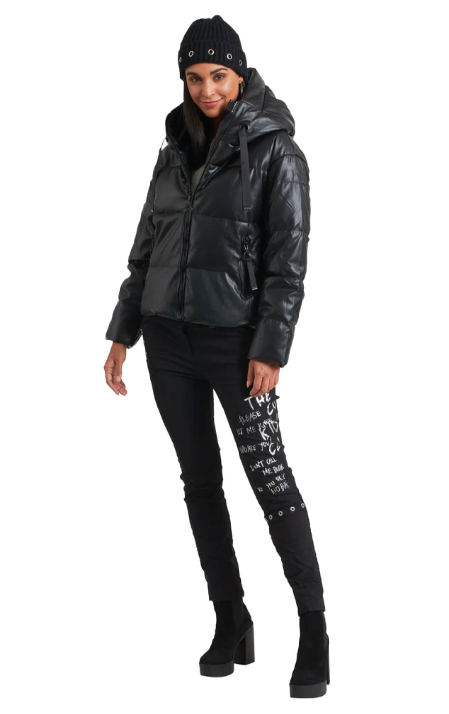 Vegan leather puffer jacket with hood & large zipper pockets - Carre Noir