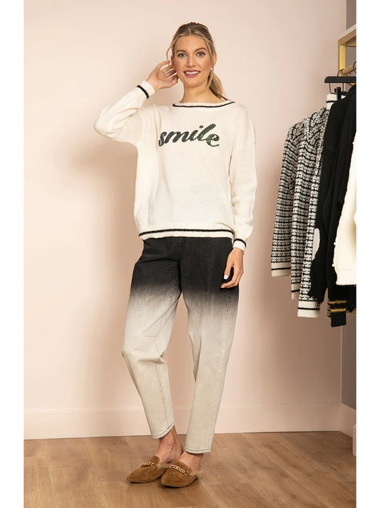 "Smile" embroidery pull over sweater with contrast stripes - Jessie Liu